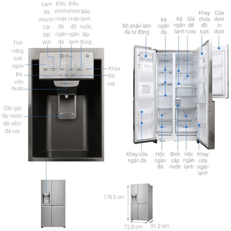kích thước tủ lạnh 4 cánh